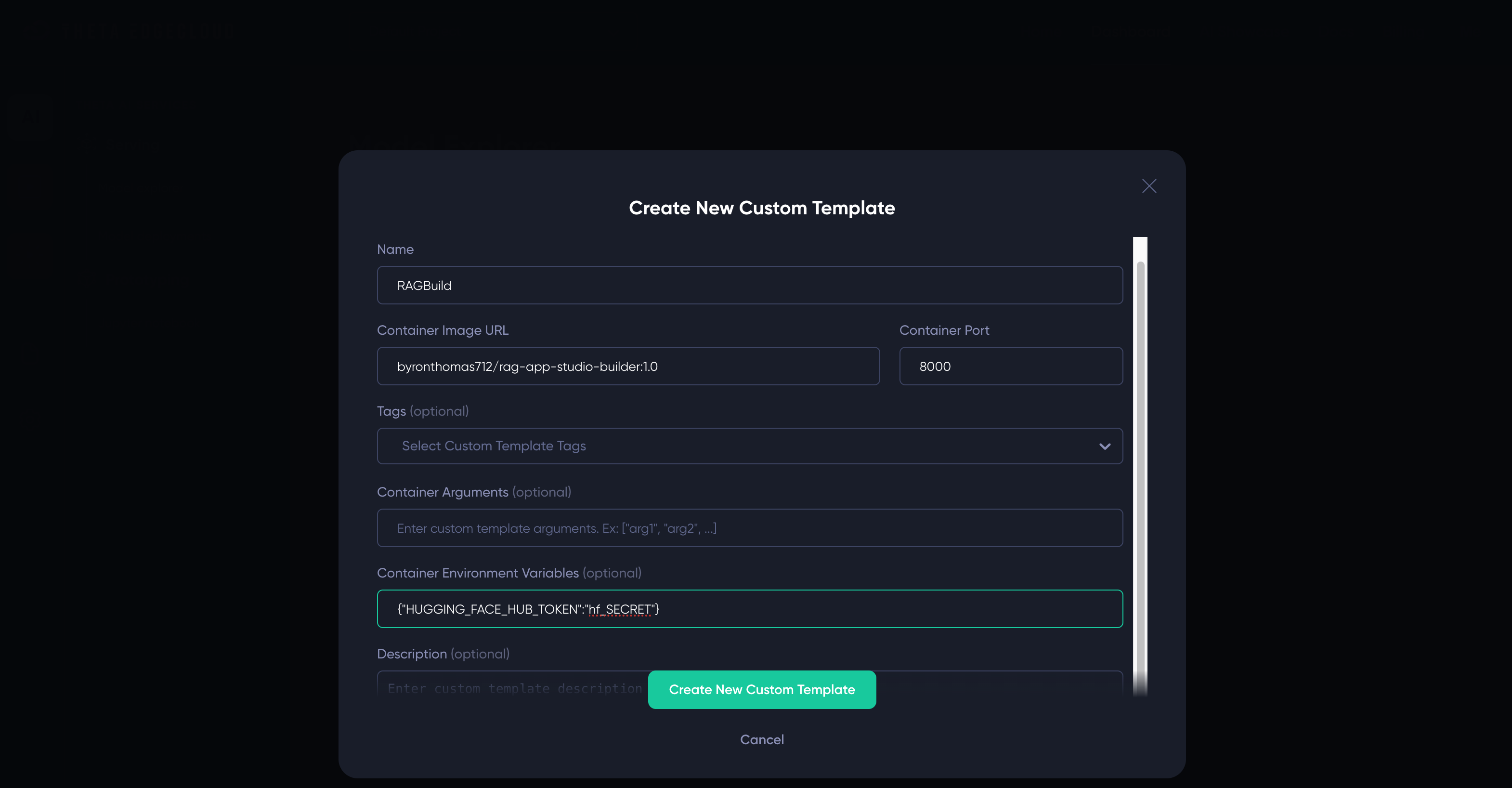 Details to set up the builder template in Theta EdgeCloud