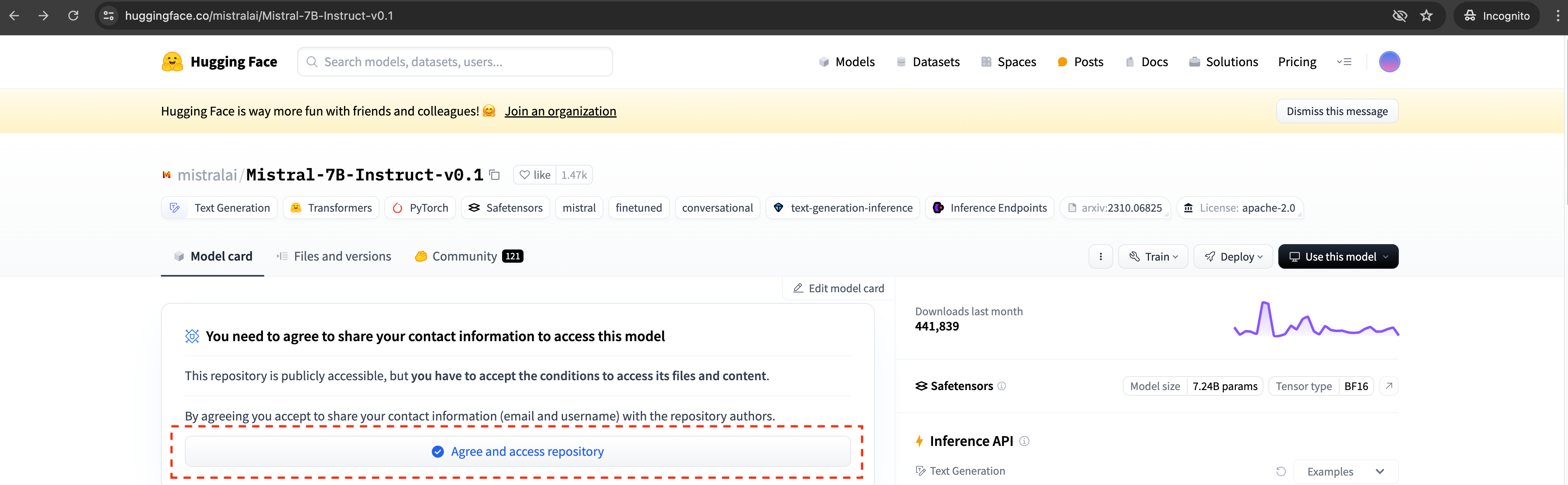 Button to click to access Mistral gated model repo