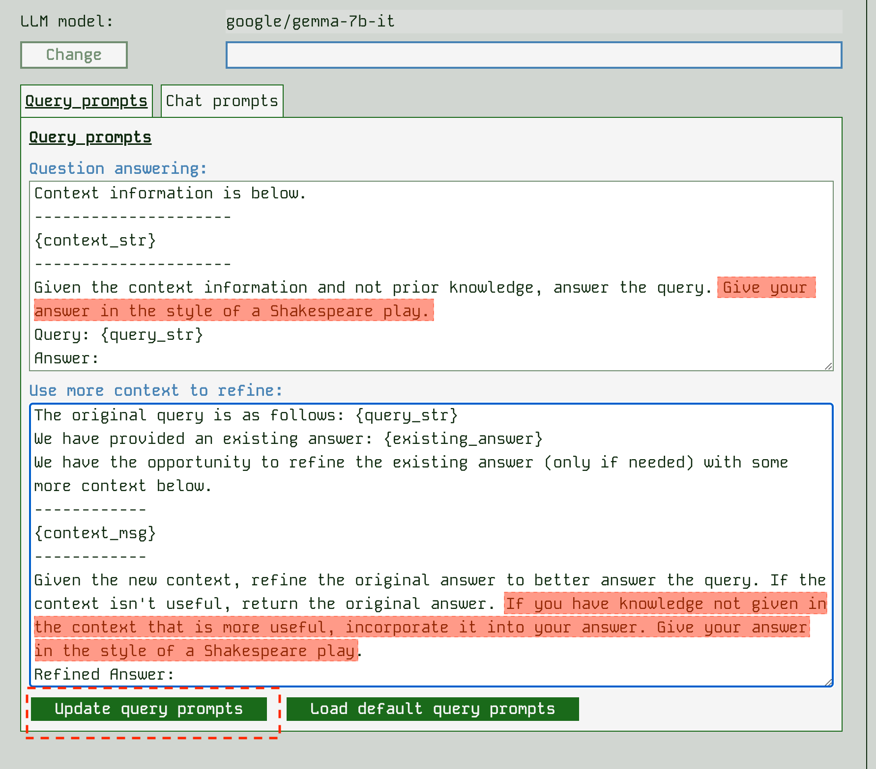 Example of changing the prompts for a single query interaction