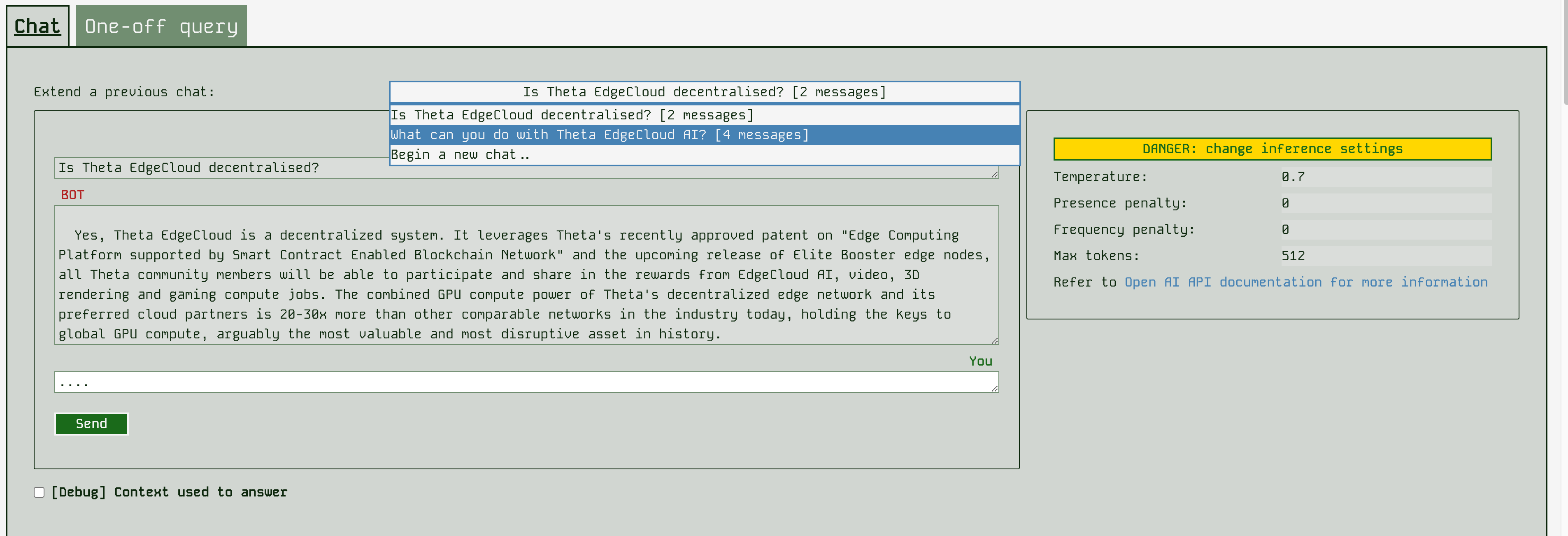The chat area of the app, showing how you can return to a previous chat